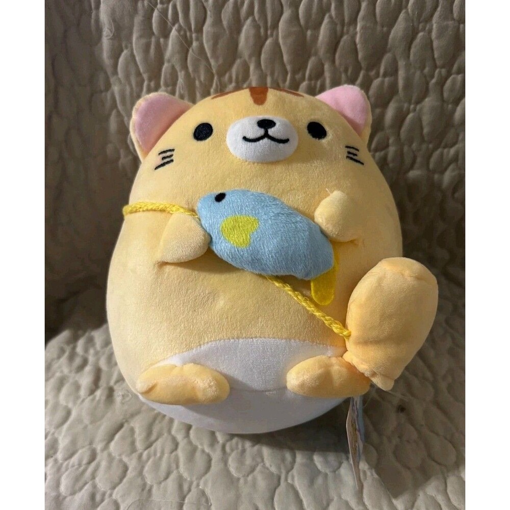 Takashoji 8” Orange Cat Fishing Plush Round 1 Arcade Prize NWT Japanese Kawaii